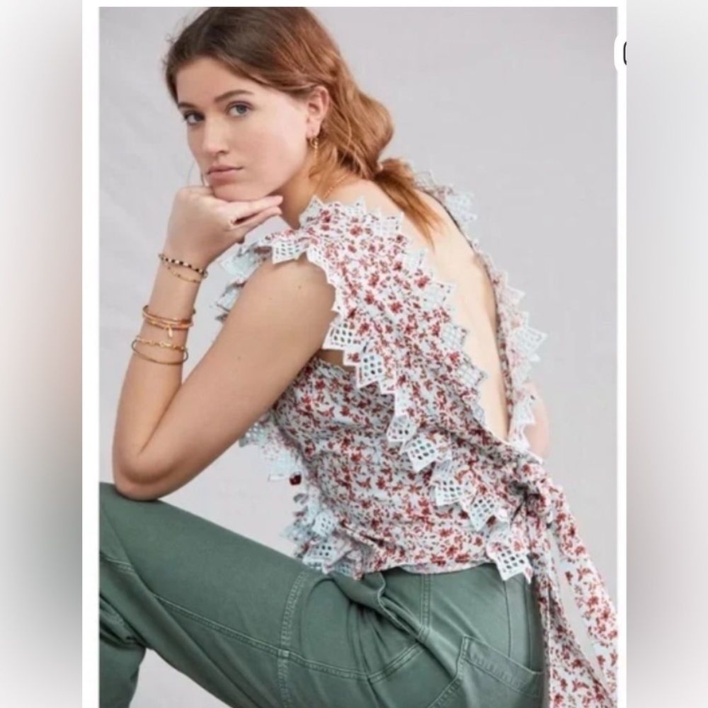 ANTHROPOLOGIE BLUE TASSEL COTTON TRINA BOW SLIGHTLY
CROPPED BLOUSE